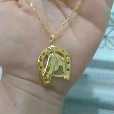 Imagem de Colar Corrente Folheado Pingente Cavalo Ferradura dourado prata pratea