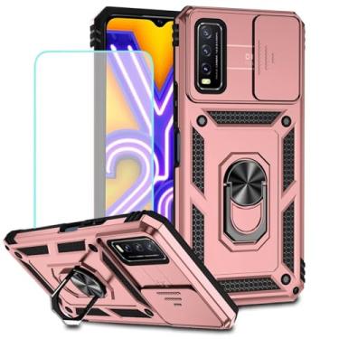Imagem de Vokuha Capa para Vivo Y20, capa V2029 com protetor de tela de vidro temperado e capa deslizante para câmera, anel giratório de 360°, capa magnética para Vivo Y20 ouro rosa
