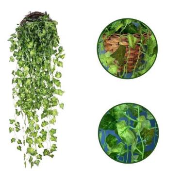 Imagem de Arranjo 3 Trepadeira Folha Hera Artificial + Vaso Trançado - Multshop