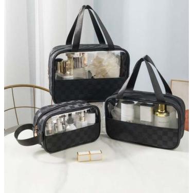 Imagem de Kit 3 Necessaire Bolsa Feminina Masculino Xadrez Organizador Maquiagem
