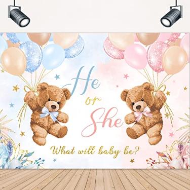 Imagem de LIGHTINHOME Pano de fundo de revelação de gênero de urso 20 cm x 15 cm para ele ou ela balões florais boho rosa ou azul fofo podemos esperar chá de bebê decoração de fundo de fotografia cabine de