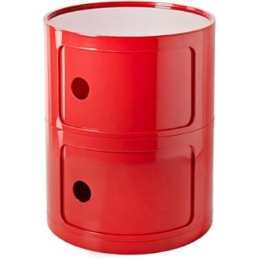 Imagem de Mesa de cabeceira redonda de plástico de 2/3/4 níveis de armazenamento com gavetas e porta deslizante armário de cabeceira moderno nórdico para quarto, vermelho, 30 x 40 cm