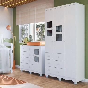 Imagem de Quarto Infantil com Guarda Roupa 3 Portas e Cômoda 1 Porta com Janelas Mimo 100% Mdf Espresso Móveis Branco Brilho