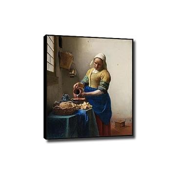 Imagem de Impressão em tela clássica de arte de parede de Johannes Vermeer - reprodução famosa de pinturas a óleo - 'The Milkmaid Poster-Framed Artwork Picture for Home Decor 70x85cm (68.6x83.8 cm) moldura