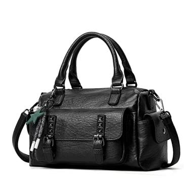 Imagem de Bolsa feminina de couro retrô bolsas femininas de ombro bolsas femininas crossbody bolsa tote(Black)