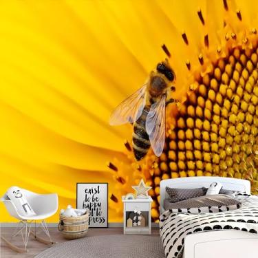 Imagem de Lcythiazole Papel de parede personalizável de girassol mural de papel de parede de abelha mural fundo amarelo grande foto HD 3D para sala de estar, quarto, quarto de crianças