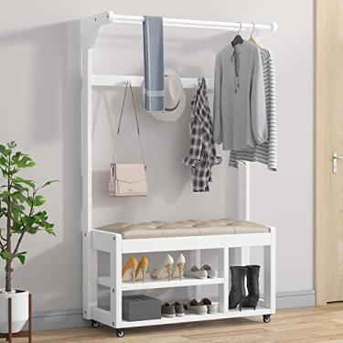 Imagem de Cabideiro banco de sapatos para entrada com organizador de armazenamento, design 3 em 1, móveis de madeira de árvore com 3 ganchos e 2 prateleiras superiores