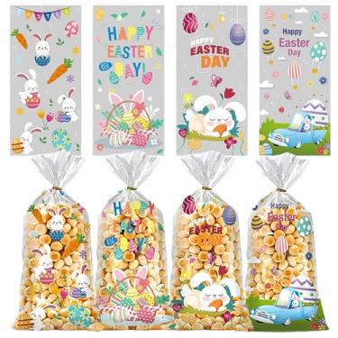 Imagem de 100 peças de sacos de doces de Páscoa, sacos de guloseimas de celofane de Páscoa, ovos de páscoa, palavras de coelhinho, sacos de plástico OPP com laços torcidos para decoração de Páscoa,