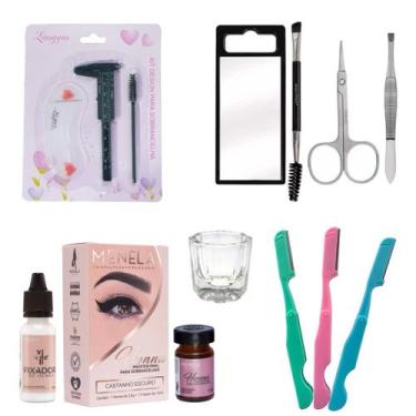 Imagem de Kit Designer Sobrancelha Henna Menela Pincel Pinça Tesoura Navalha Dap
