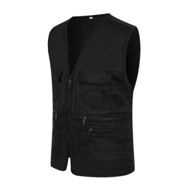 Imagem de Colete De Pesca Casual Masculino, Colete Sem Mangas Para Caça Ao Ar Livre Fotografia E Pesca Com Vários Bolsos, Jaqueta À Prova De Vento Com Zíper E Forro Da Moda, Para Escalada(Black,3X-Large)