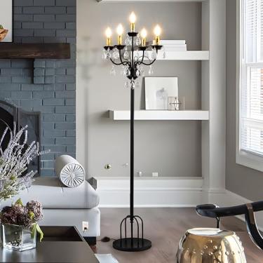 Imagem de TOCHIC Luminária De Chão De Cristal Preto Com 5 Lâmpadas Para Sala De Estar, Luminária De Pé Moderna De 65" De Altura Com Pedal Para Quarto, Luminária De Candelabro Vintage Estilo Fazenda Para Sala
