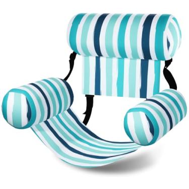 Imagem de Blueweenly Cadeira flutuante de piscina para adultos, inflável, coberta de tecido, cadeira de piscina, rede ajustável, cadeira flutuante de água, padrão listrado, boia para piscina, festa, verão