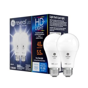 Imagem de GE Lighting Lâmpadas de LED Reveal, 5,5 watts (equivalente a 40 watts) luz HD+, formato padrão, base média, regulável (pacote com 2), branca