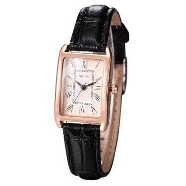Imagem de JewelryWe Relógio feminino com pulseira de couro: Relógio de pulso clássico analógico quadrado analógico elegante casual para negócios, Dourado, preto, relógio de couro quadrado