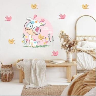 Imagem de adesivo de parede girafa aquarela bebê pássaros candy - Adesivos Kigru