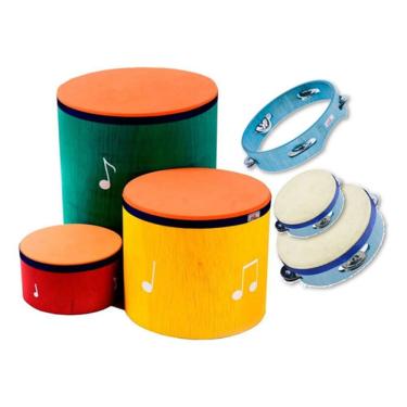 Imagem de Kit 6 Surdinhos Tambor Pandeiro Madeira Pele Animal Vibratom