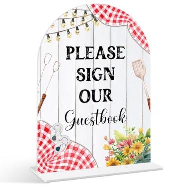 Imagem de Please Sign Our Guestbook Sign - Placa de chá de bebê para churrasco, 1 pacote de placa de acrílico com suporte, decoração de mesa de festa reveladora de gênero, suprimentos de chá de bebê no quintal