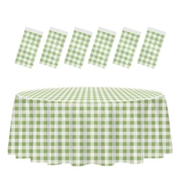 Imagem de HEIPINIUYE Pacote com 6 toalhas de mesa descartáveis verde sálvia guingão 213 x 213 cm, toalha de mesa de plástico xadrez verde sálvia e branco, toalha de mesa redonda descartável para festa