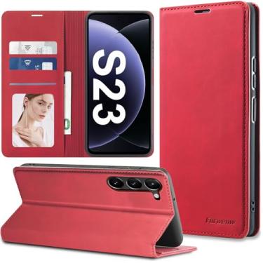 Imagem de Qissy Capa flip de couro para Samsung Galaxy S23 com proteção de dobradiça, capa carteira magnética fina S23 [porta-cartão], proteção total à prova de choque para Samsung S23 5g (vermelha)