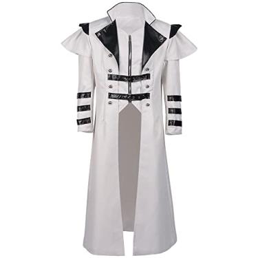 Imagem de SuitsLink Fantasia masculina Steampunk gótica vitoriana, casaco de vampiro, fantasia de feiticeiro, trench coat longo, Branco, 3G