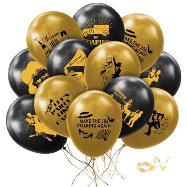 Imagem de Pacote com 20 balões de látex dos anos 1920, decorações de festa temática dos anos 1920, preto e dourado, retrô, jazz, festa, loucos dos anos 20, balões para fotos e decorações de Halloween