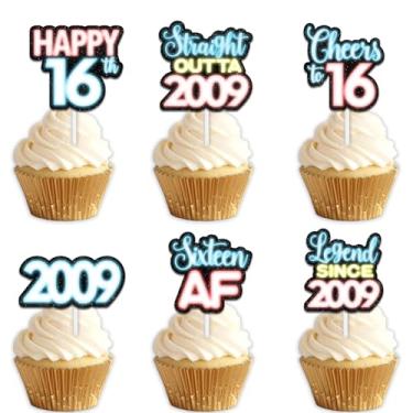 Imagem de 18 peças de topper de cupcake de sobremesa com glitter azul para Straight Outta 2009 Legend Since 2009 suprimentos de decoração temática homens felizes decorações de festa de aniversário de 16 anos