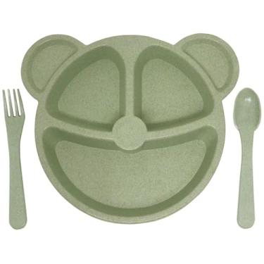 Imagem de Prato com Divisória + Talheres Infantil Bebe BLW Formato Urso Introdução Alimentar (Verde)