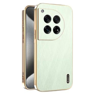 Imagem de Yarxiawin Capa de telefone para Oneplus 12R à prova de choque, textura de fio dourado para Oneplus 12R capa de silicone fina galvanizada preta capa de couro anti-impressão digital (verde)