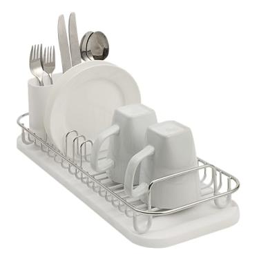 Imagem de SunnyPoint Escorredor de louça compacto NeverRust de aço inoxidável 304 com suporte de utensílios e bandeja de drenagem removível, escorredor de pratos pequeno à prova de ferrugem para bancada de