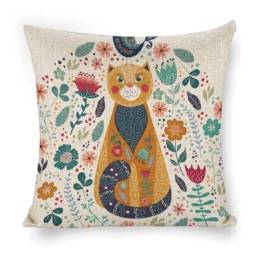 Imagem de Yansipor Capa de almofada de gato laranja de desenho animado floral arte folclórica festiva decoração de casa amante de gatos presente boho almofada para mãe presente de dia dos namorados para ela