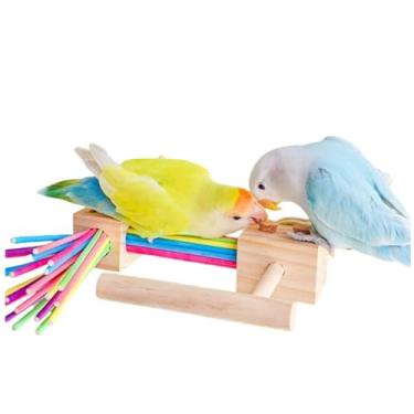 Imagem de Poleiro de pássaro de madeira com brinquedos de mastigar para gaiola, poleiro de papagaio em pé com madeira de pinheiro, brinquedo de forrageamento, rolhas macias e palitos de mastigar para papagaio