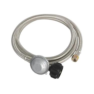 Imagem de DQSDC Regulador de propano de 1,8 m com mangueira trançada de aço inoxidável, conector flare de 9,5 cm e válvula de alívio de face plana para churrasqueiras a gás, aquecedores, fogueiras, mangueira