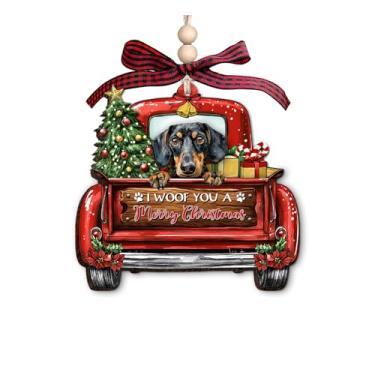 Imagem de Enfeite de Natal de madeira Dachshund - Decoração de Natal de caminhão vermelho com presentes de árvore de Natal e citação "I Woof You A Merry Christmas" - Enfeite rústico de Natal para amantes de