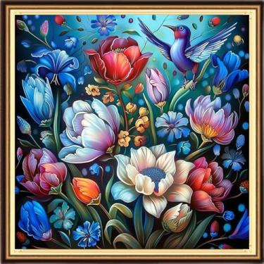 Imagem de DMCVIVR Kits de ponto cruz estampado para adultos iniciantes kits de bordado 11CT kits de ponto cruz padrões de bordado - flores coloridas e pássaros 45,7 x 45,7 cm