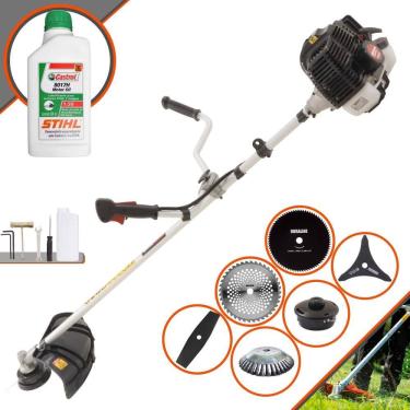 Imagem de Roçadeira Podador de Grama Kawashima KW52LE À Gasolina 52cc 2,5HP Com 6 Opções de Cortes, Carretel + Kit 4 Facas + Escova de Aço + ÓLEO STIHL 8017 2T