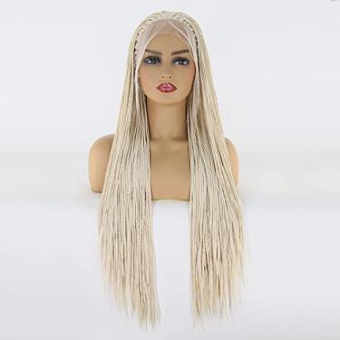 Imagem de BTWTRY Peruca sintética loira platinada entrelaçada frontal para mulheres negras, fibra resistente ao calor, micro trançada, cabelo afro-americano (61 cm, cor nº 60)