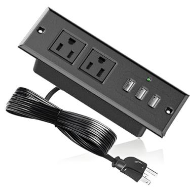 Imagem de Régua de alimentação embutida oculta USB para mesa doméstica, tira de tomada de parede com porta USB-C USB-A, 12A 125V 1500W, cabo de alimentação de extensão de 1,5 m (preto-2 x CA + 3 x USB-A)