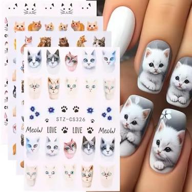 Imagem de 6 folhas de adesivos de unhas de gato fofos 3D autoadesivos kawaii desenho animado animal pata de gato adesivos de arte de unhas realmente adoráveis decoração de unhas para mulheres meninas