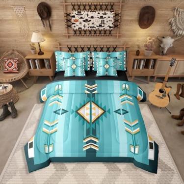 Imagem de Erosebridal Conjunto de cama queen ocidental azul-petróleo 7 peças boho asteca em uma bolsa com lençóis, conjunto de edredom para crianças e adultos, conjuntos de cama étnicos boêmios vintage