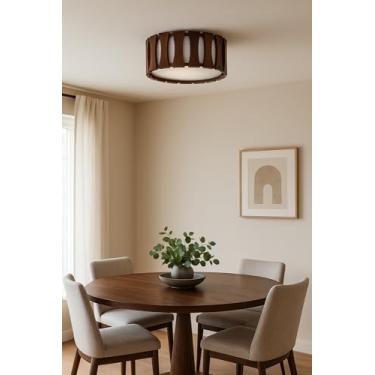 Imagem de Luminária de teto de madeira ripado, plafon de sobrepor redondo para sala de estar, sala de jantar, corredor (Imbuia, 30 cm)