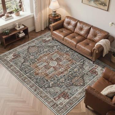 Imagem de Roxstand Tapete 5x7, resistente a manchas, lavável à máquina, tapetes com suporte antiderrapante, tapetes boho persas vintage para quarto, sala de estar, tapete grande macio de pelo baixo (cinza/marrom/castanho, 1,52 m x 7')