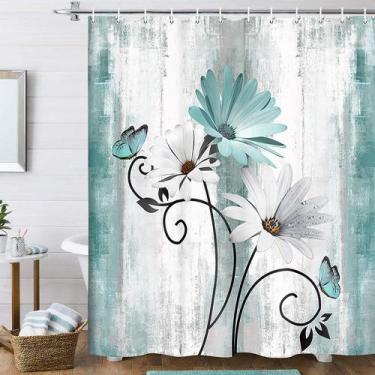 Imagem de Cortina de chuveiro Evivian Rustic Farmhouse Farm Teal Daisy Floral - 