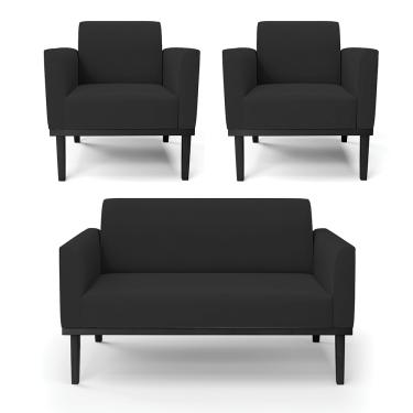 Imagem de Sofá Namoradeira com 2 Poltronas Base de Madeira Fixa Preto Marisa Veludo Preto D03 - D'Rossi