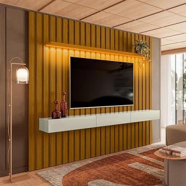 Imagem de Painel Ripado com Rack Suspenso até 70 Polegadas Tulum com LED 1 PT 2 GV Cedro e Off White Alt 242 Larg 222 cm