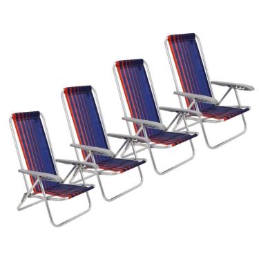 Imagem de Kit 4 Cadeira De Praia Camping Reclinável Alumínio Bali Azul Marinho Tramontina