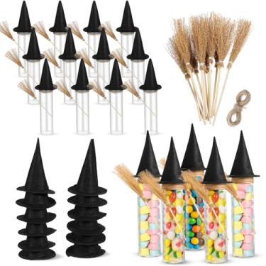 Imagem de Soulchen Conjunto de 12 tubos de plástico para doces de Halloween com mini chapéu de bruxa, mini vassouras, frascos de doces de Halloween, frascos de poção com tampas para presente de artesanato DIY
