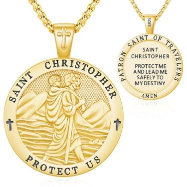 Imagem de Friggem Colar religioso de prata esterlina 925 para homens e mulheres, colar de São Miguel/Cristóvão, pingente, medalha, amuleto católico, joias presentes para pai e filho da polícia, com corrente de