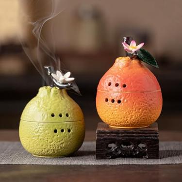 Imagem de NVKIC Queimador de incenso de cerâmica em formato de fruta bonito com tampas, suporte de incenso de bobina para cones e incenso em pó, presente de mediação, decoração de casa, cor ciano