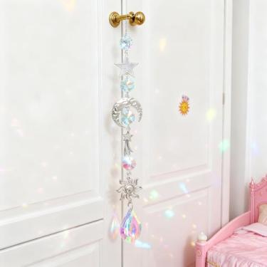 Imagem de Sino de vento de cristal arco-íris estrela sol, lua, enfeite para decoração de janela interna e externa