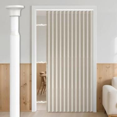 Imagem de Cortina de porta AJAZZ 100% blackout sanfonada para porta de armário invisível aplicável quarto sala de estar porta (1 pacote, 147 L x 198 C, branco creme + varão)